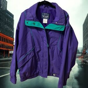 Woolrich Womens Raincoat Size L Bright Blue/Green Snap/Zip Closure